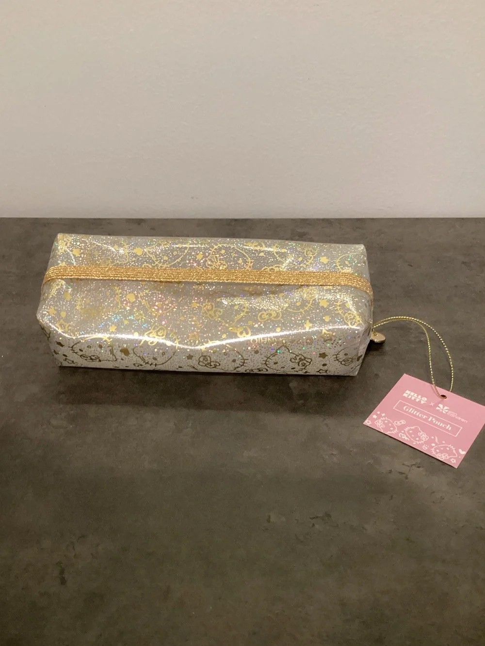 Hello Kitty Holographic Silver Pencil Case with Gold Trim